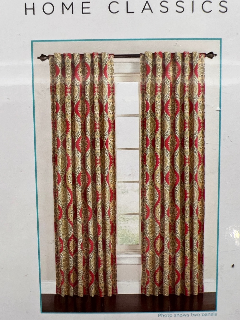 VNTG Waverly Moonlit Medallion Curtain Panel - Teal Coral Gold Cream 52” x 84”